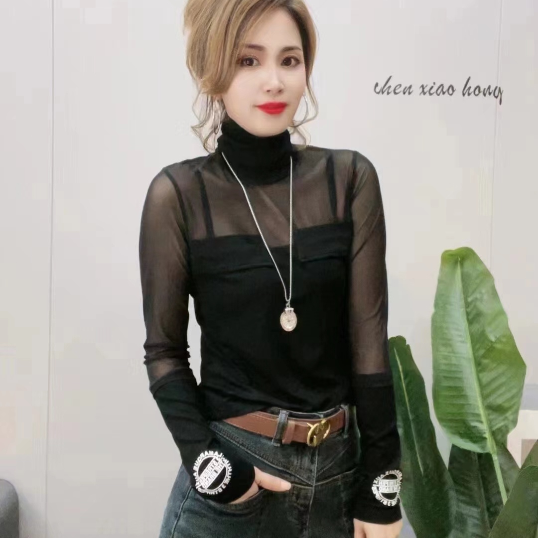 2024网红款自然堆堆领拼接设计款小性感高领打底网衫女秋