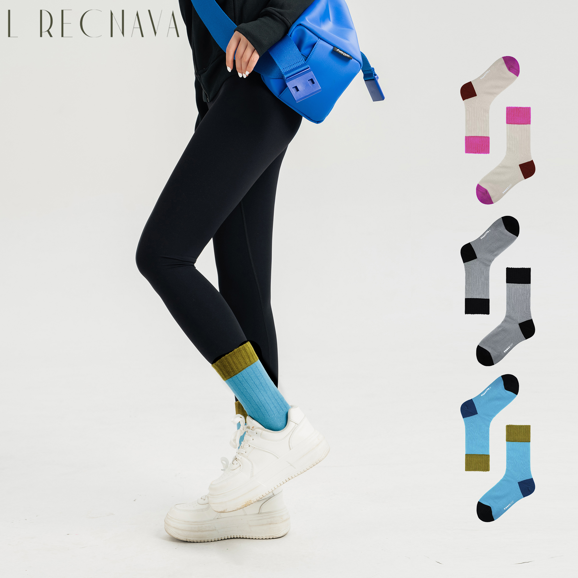 LRECNAVA 芮柯纳未 棉感撞色手工无骨缝瑜伽中筒袜运动中筒袜女