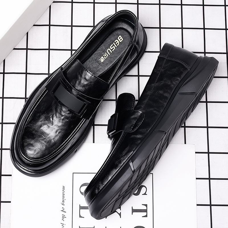 休闲皮鞋男士直播一脚蹬豆豆鞋英伦商务百搭防滑软底软面套脚皮鞋