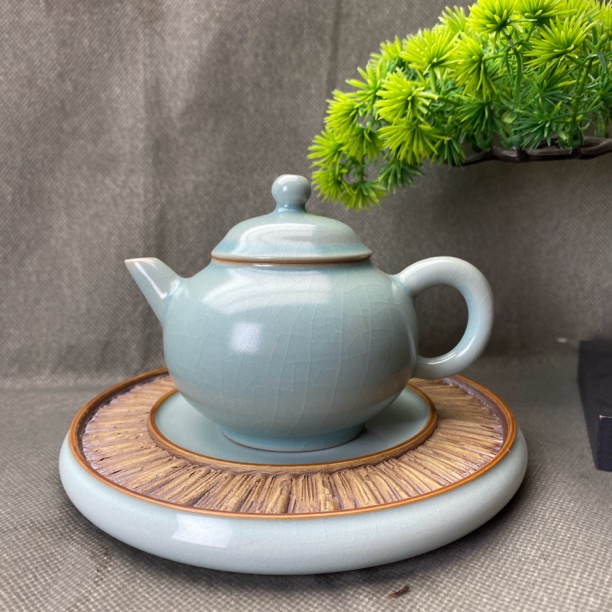 原矿汝瓷仿古天青色纯手工水平壶陶瓷（开片可养）