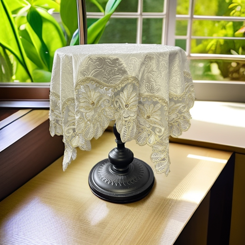 新款90方纯白绒布立体绣镶钻圆桌方桌布沙发靠背巾床头柜遮盖布