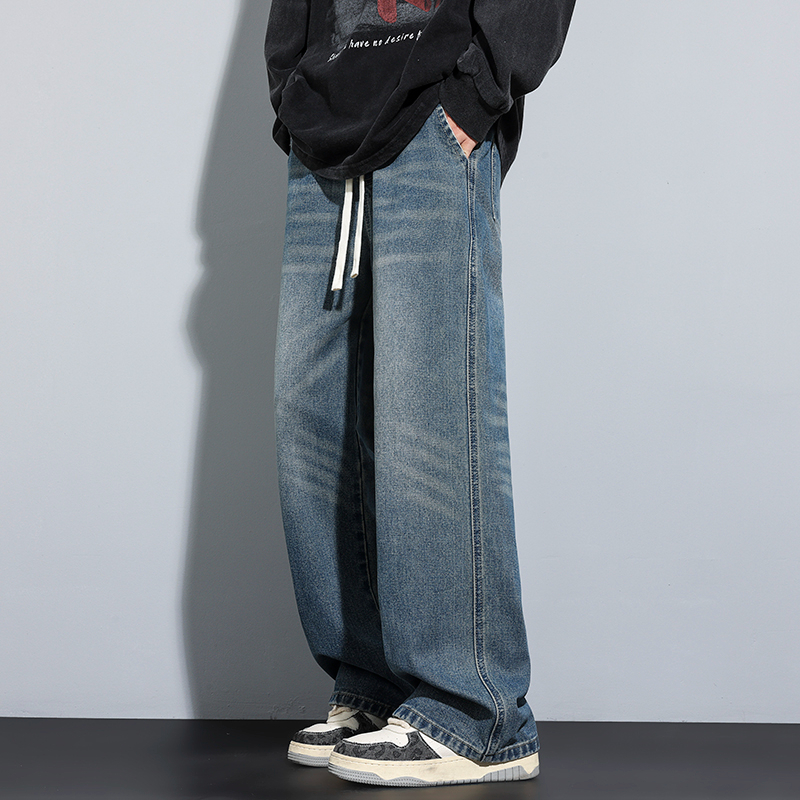 秋冬主推牛仔裤男港风宽松直筒水洗复古松紧腰橡筋休闲长裤子