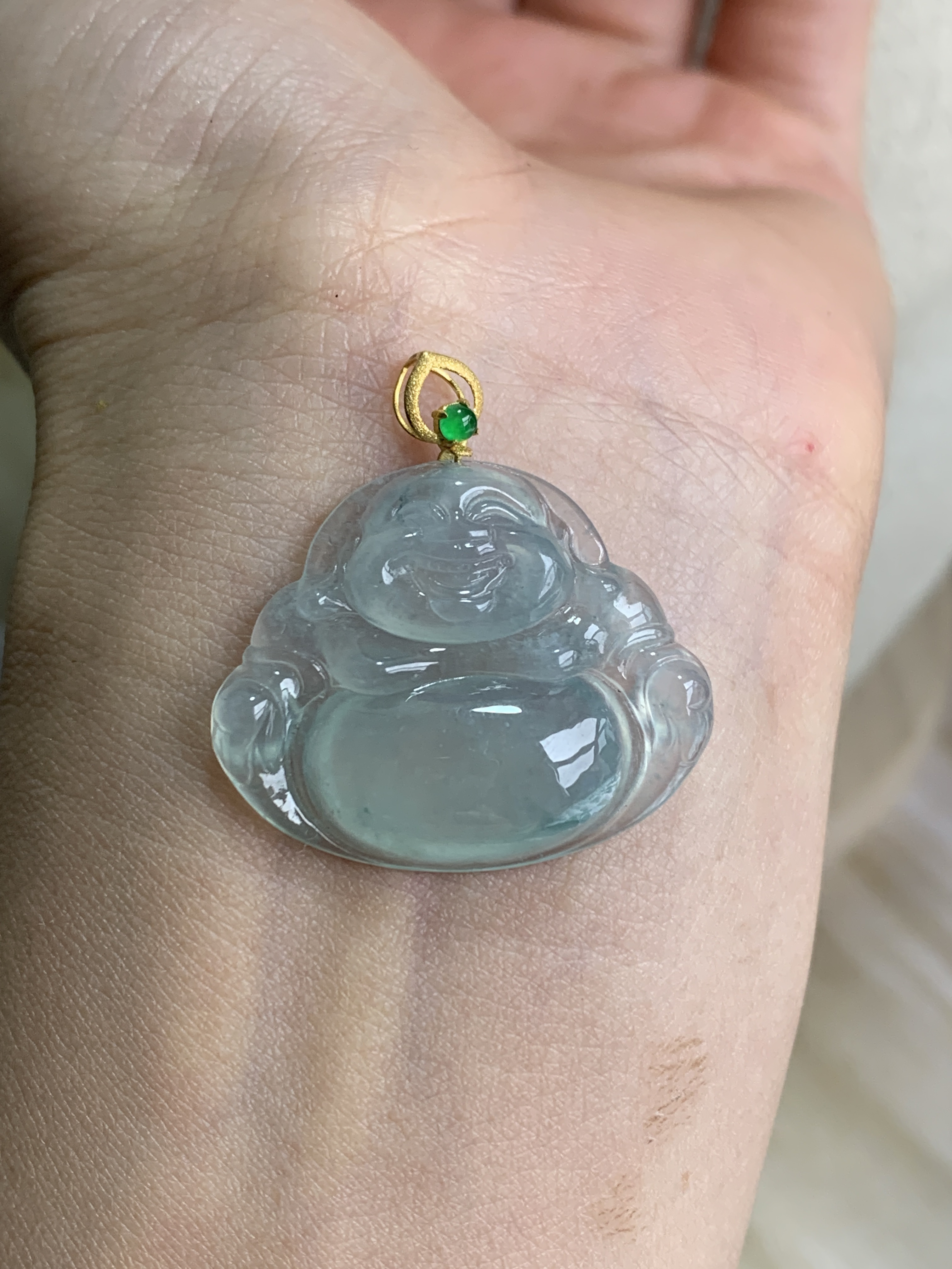 06天然缅甸翡翠A货冰种冰绿底满色飘花佛公吊坠尺寸23.9*28.5*5.7