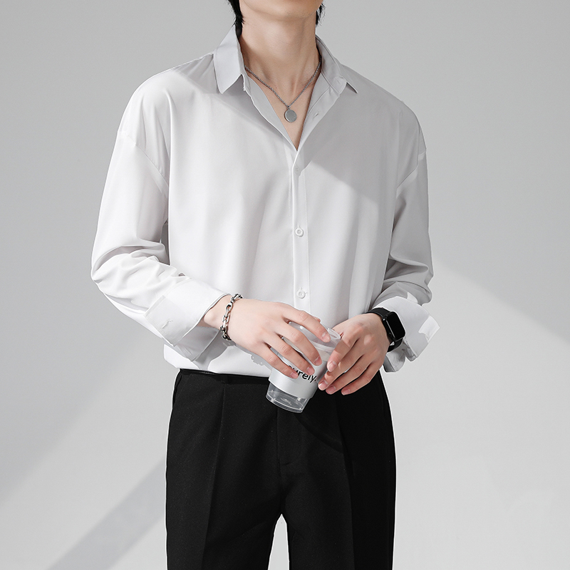 春季轻熟风衬衬衣长袖休闲痞帅宽松长袖百搭男装纯色帅气黑色