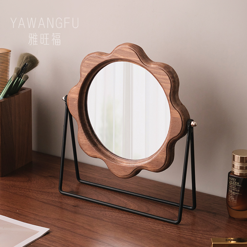 木质旋转台式化妆镜高清单面梳妆镜美容镜学生宿舍桌面镜折叠
