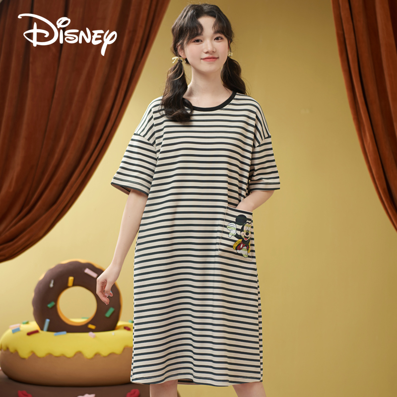 Disney/迪士尼新款纯棉米奇条纹套头居家裙可外穿带胸垫睡裙0010