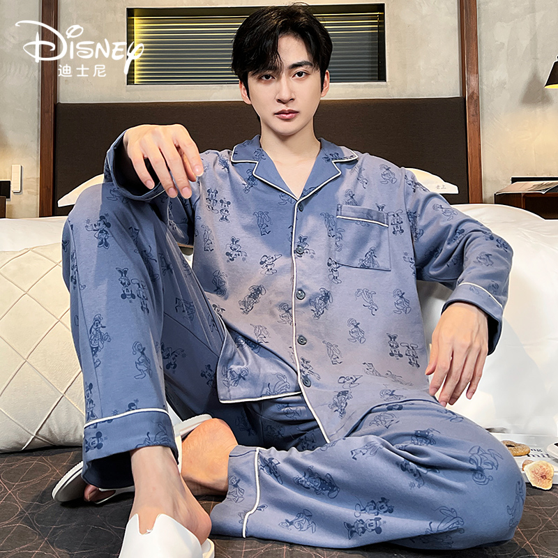 Disney/迪士尼春秋季开衫情侣睡衣男纯棉米奇舒适休闲家居服套装