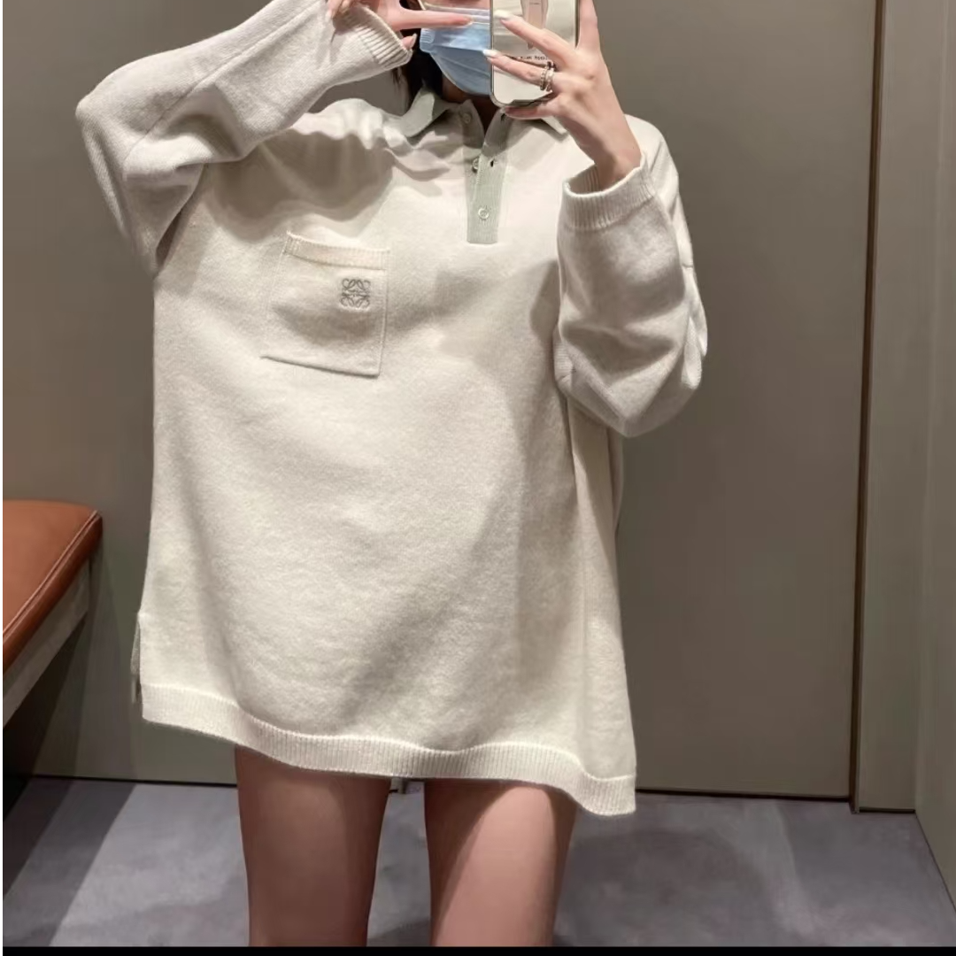 未使用 LOEWE/罗意威 撞色羊毛polo领竞松毛衣  白绿色/S