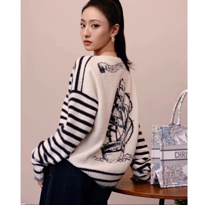 未使用 DIOR/迪奥 条纹字母Logo长袖针织衫 米色/36