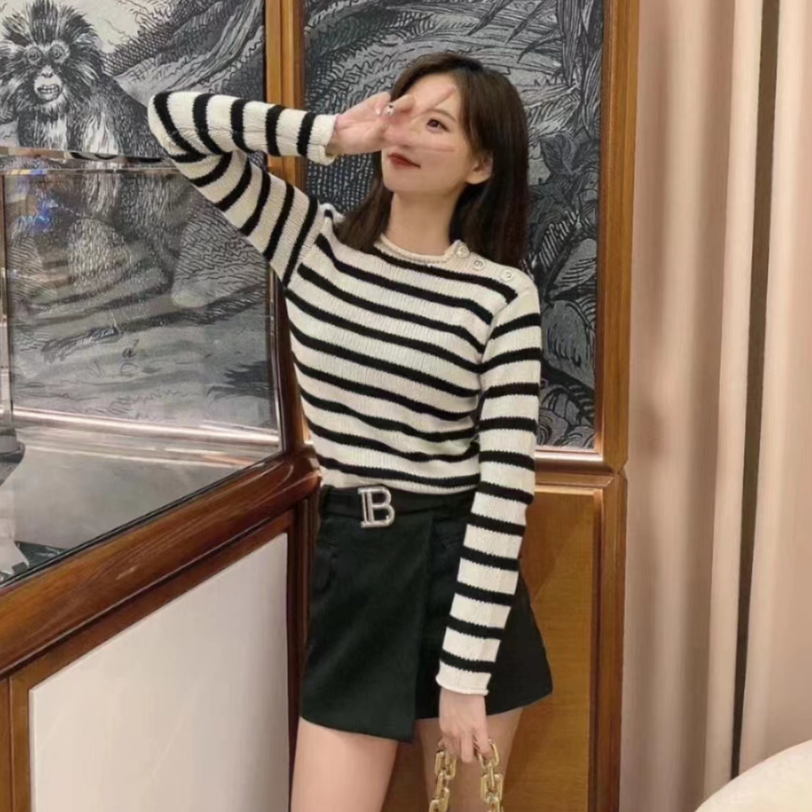 未使用 DIOR/迪奥 Dior 条纹针织长袖/40/公价16500