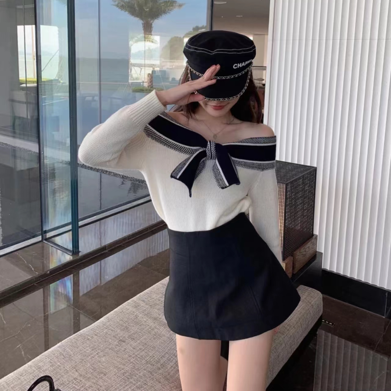 未使用 DIOR/迪奥 水手领系带羊毛衫修身针织 /40