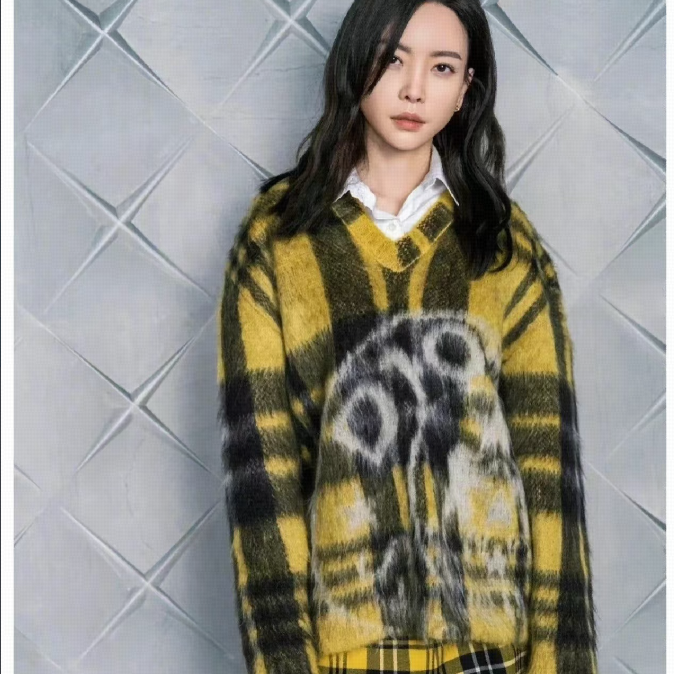 全新未使用 DIOR/迪奥 logo格纹印花v领长袖毛衣 黄色 /34/36