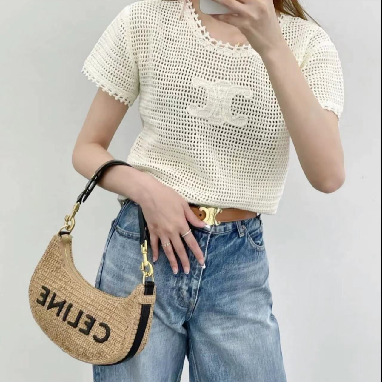 未使用 Celine/思琳 镂空圆领针织衫 米黄色/L码/公价19500