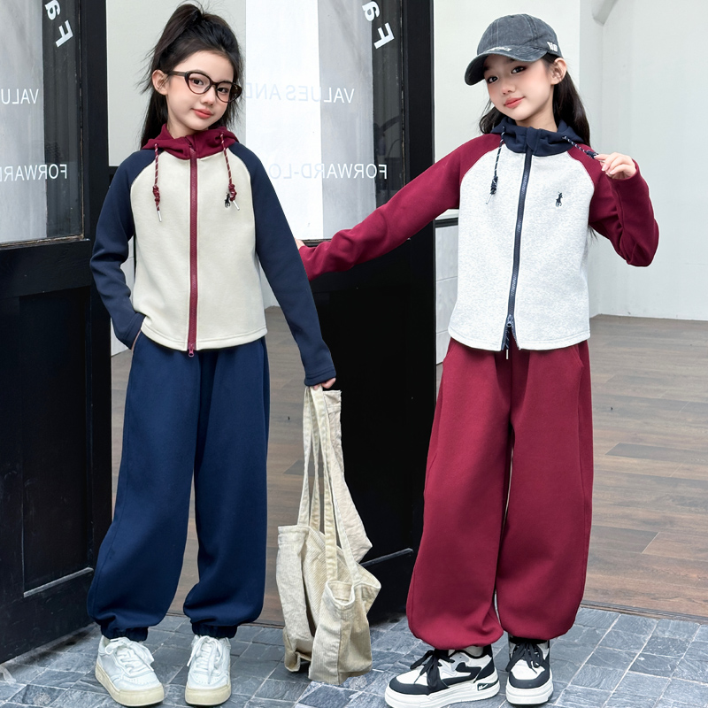 女童加绒加厚卫衣套装秋冬新款6-12岁15岁中大儿童休闲运动两件套