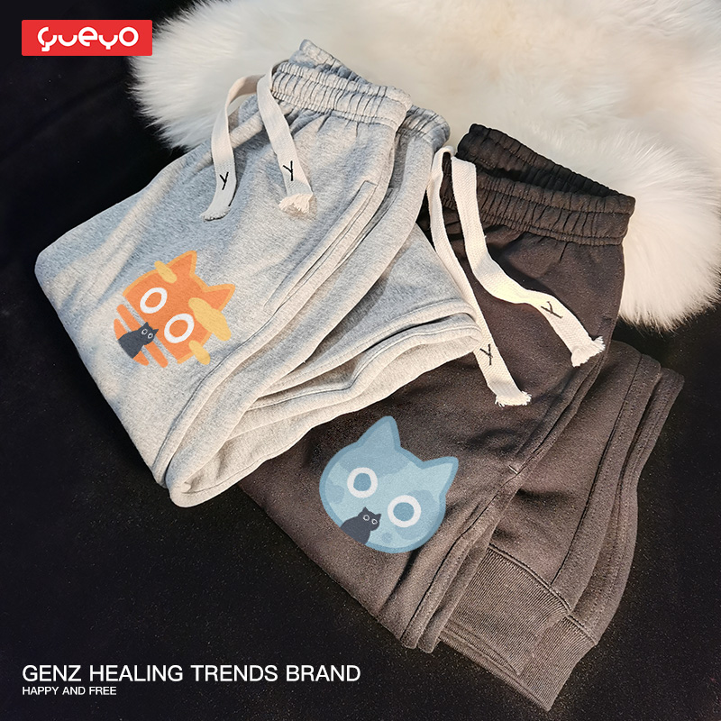 悦游 Moom&Sun黑猫 加绒长裤男冬季猫咪宽松束脚加绒休闲裤