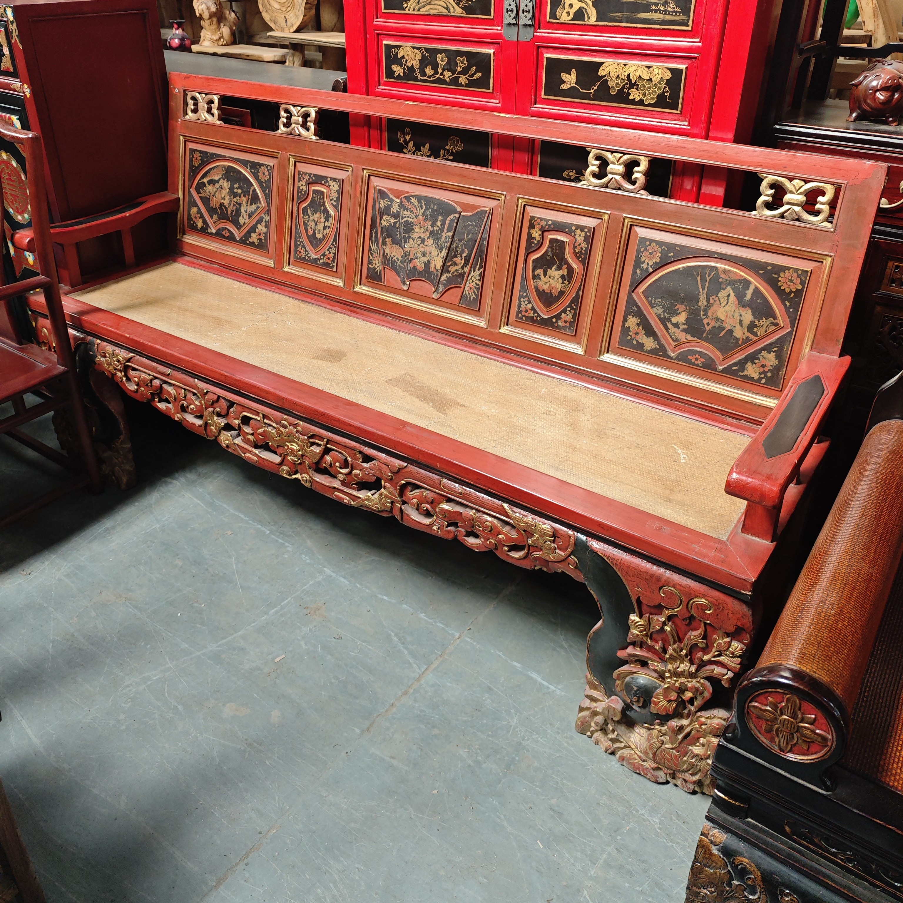 老式描金大红席面庙椅