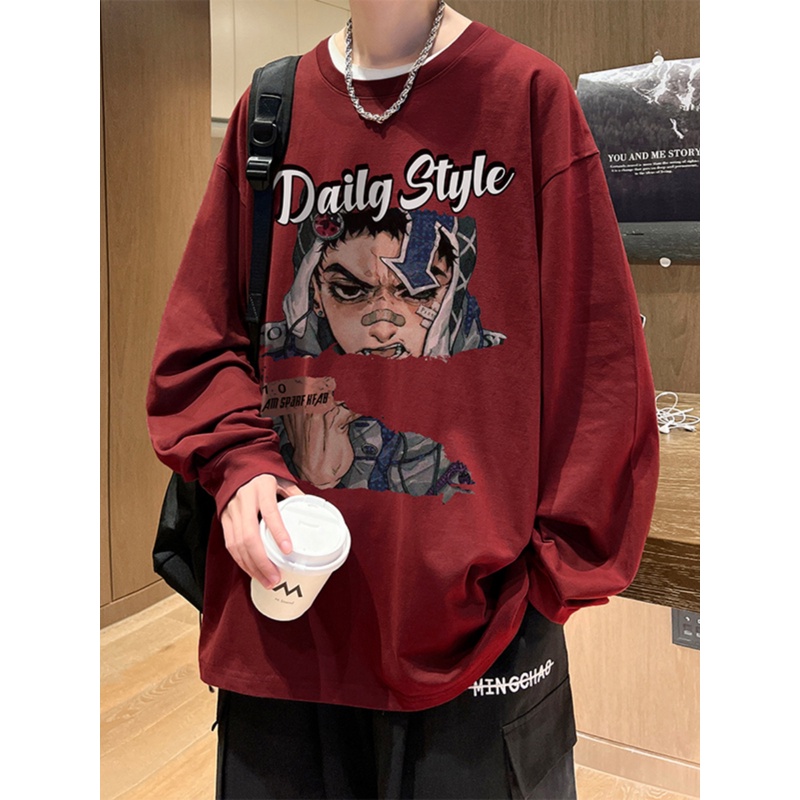 酒红色纯棉长袖t恤男生秋季潮牌大码圆领打底衫动漫印花重磅上衣