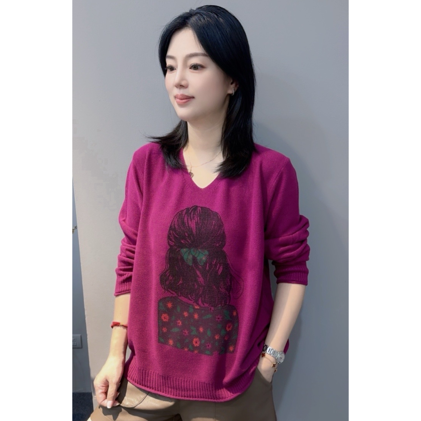 26春季新款美人背影V领长袖棉纱针织上衣