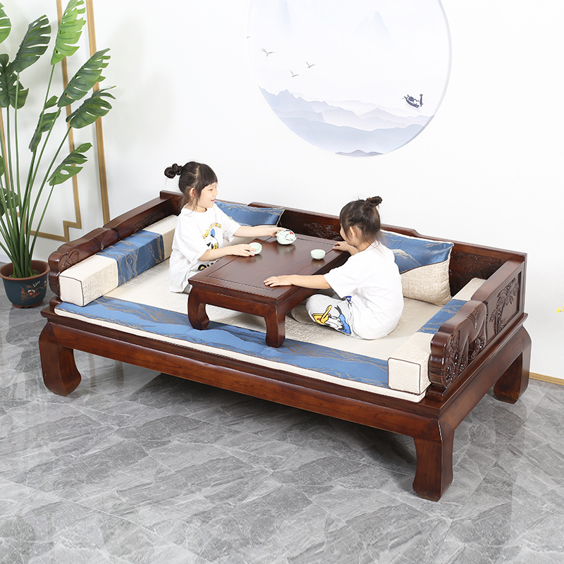 老榆木罗汉床小户型仿古雕花沙发床实木休闲床明清古典贵妃榻