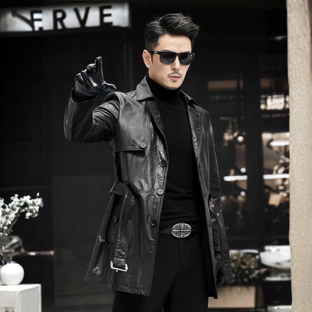 秋冬新款男士真皮中长款皮风衣单排扣腰带牛皮风衣外套