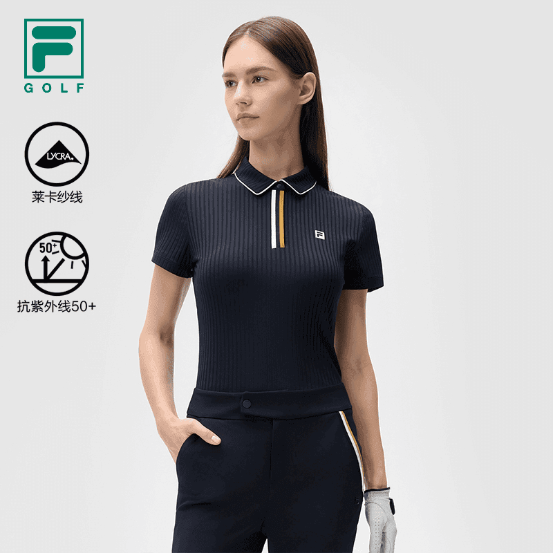 Fila/斐乐女士夏季新款高尔夫防晒坑条提花短袖polo衫A11W435102F