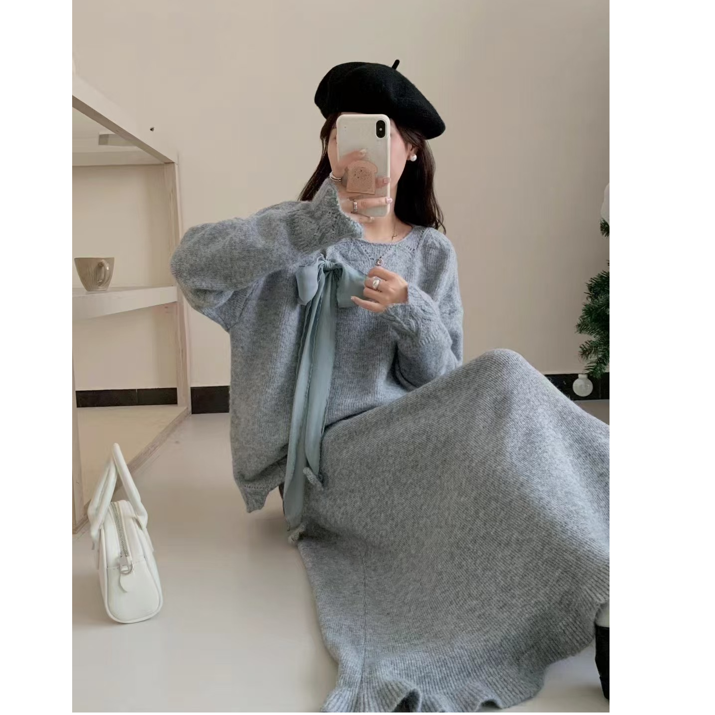 设计感温柔风长袖蝴蝶结花毛衣长裙两件套秋冬宽松时尚裙子套装潮