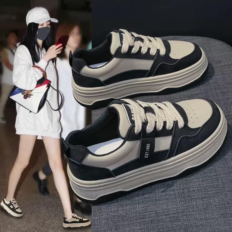 美拉德厚底板鞋女款2024新款春秋季面包鞋子百搭增高休闲运动鞋子
