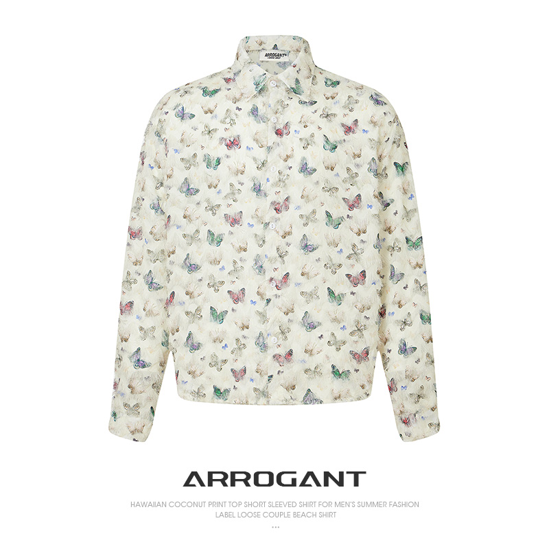 Arrogant美式复古小众vintage立体花卉蝴蝶长袖衬衫轻薄印花衬衣