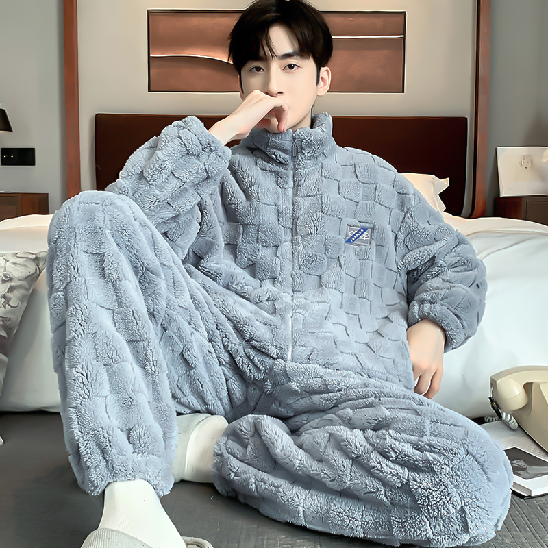 青年睡衣男士纯色简约秋冬季珊瑚绒加绒加厚保暖法兰绒家居服