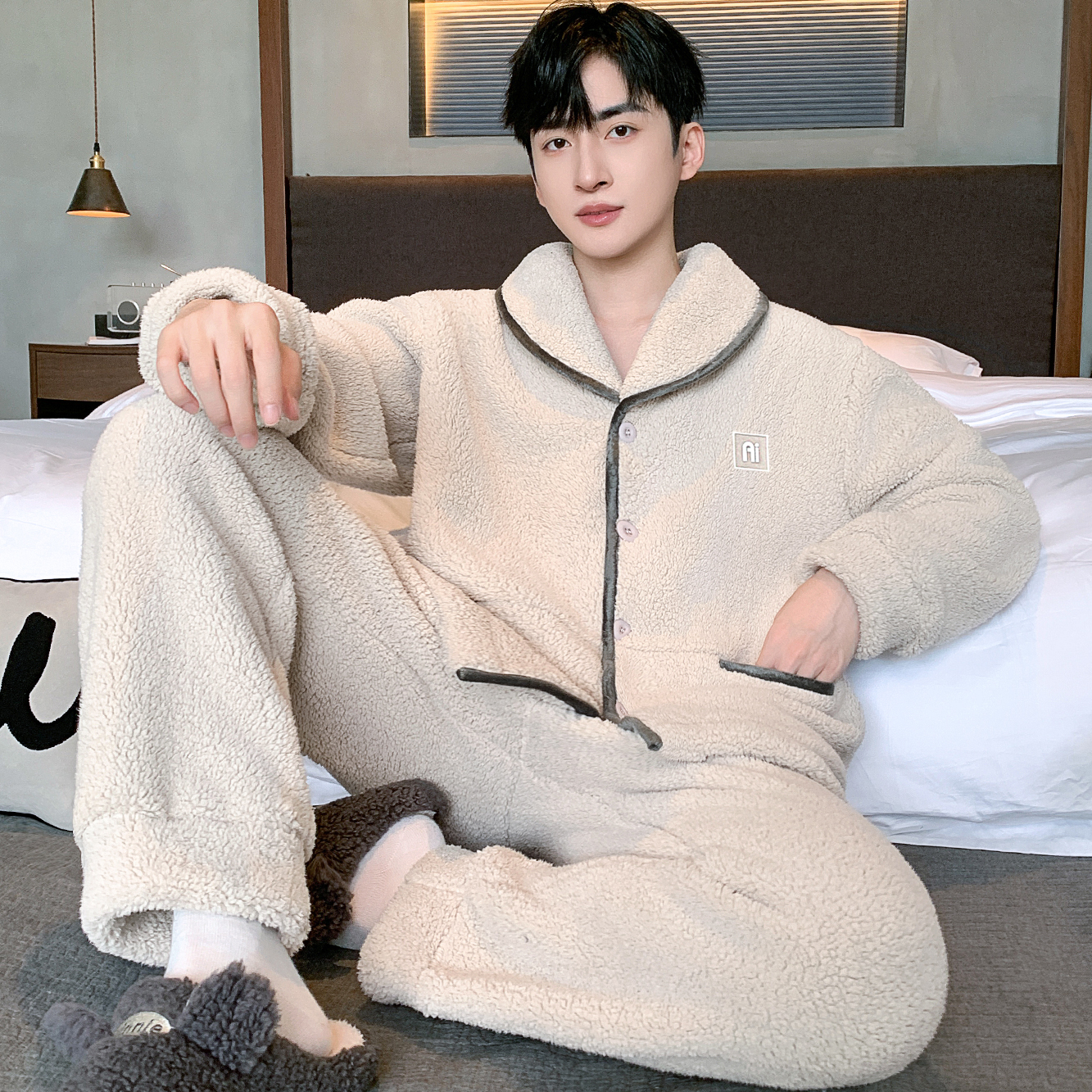 秋冬新款可外穿男士北羔绒大码宽松休闲家居服加绒加厚睡衣中青年