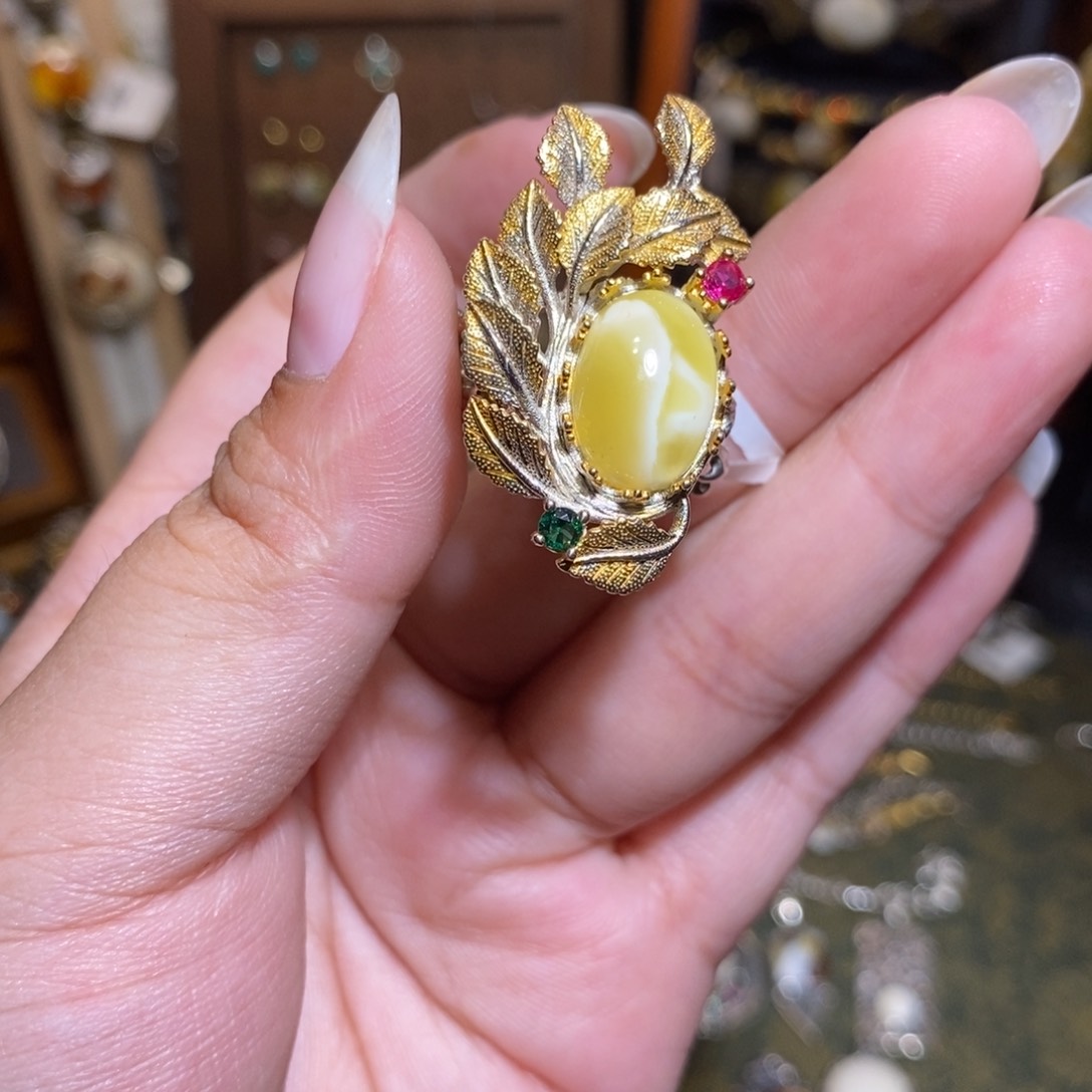 琥珀裸石银S925镶嵌戒指