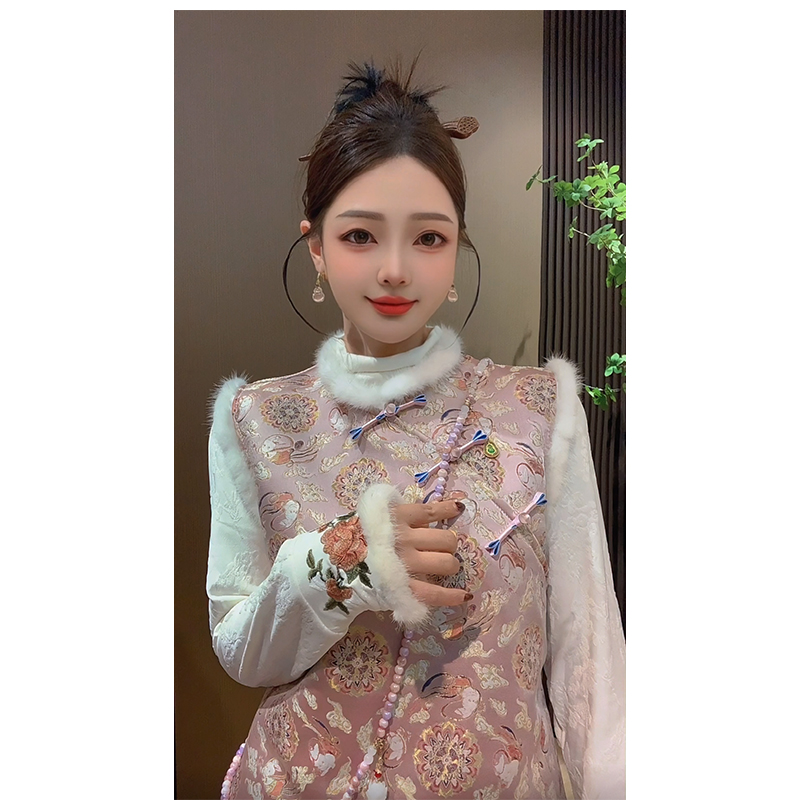【广寒宫】国风新中式冬季加绒加厚旗袍裙水貂毛显瘦短裙裙子女