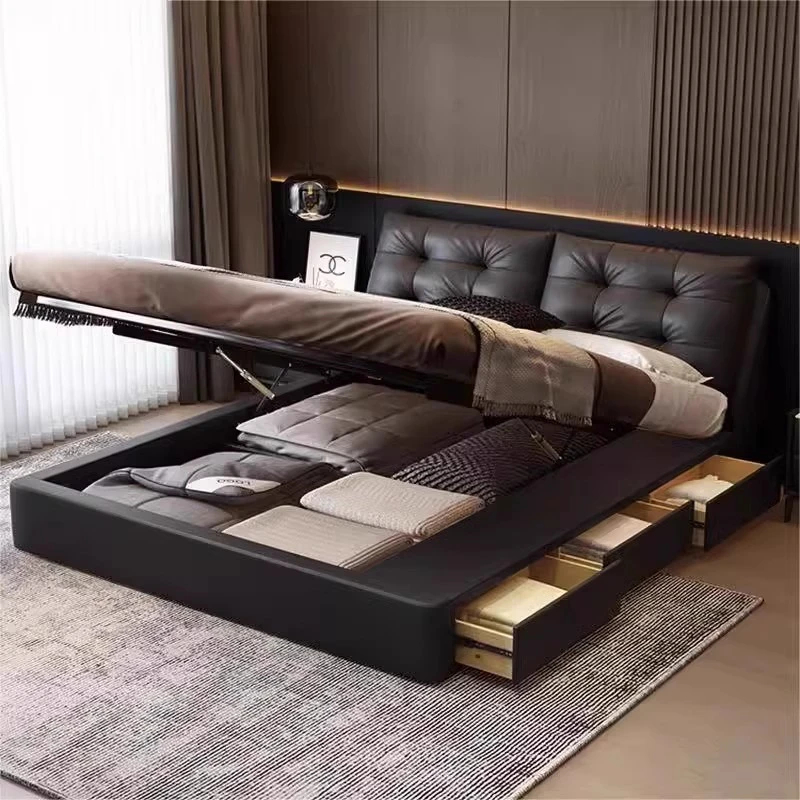 棉花糖齐边储物床真皮主卧室大床软包婚床高箱储物极简真皮羽绒床