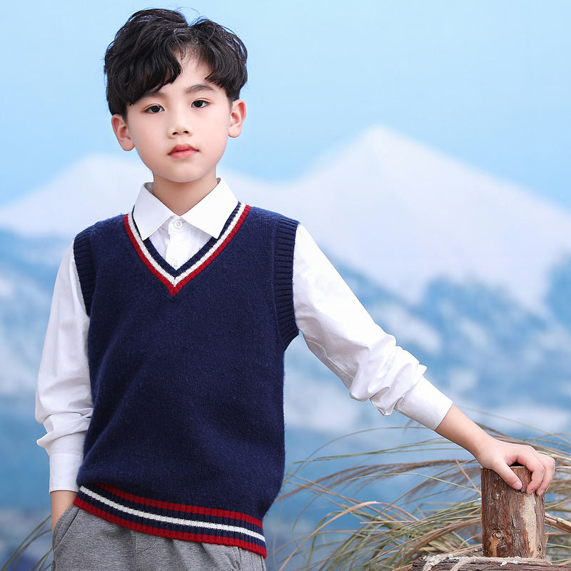100%纯羊毛背心男女儿童同款针织马甲秋冬V领撞色毛衣坎肩学院风