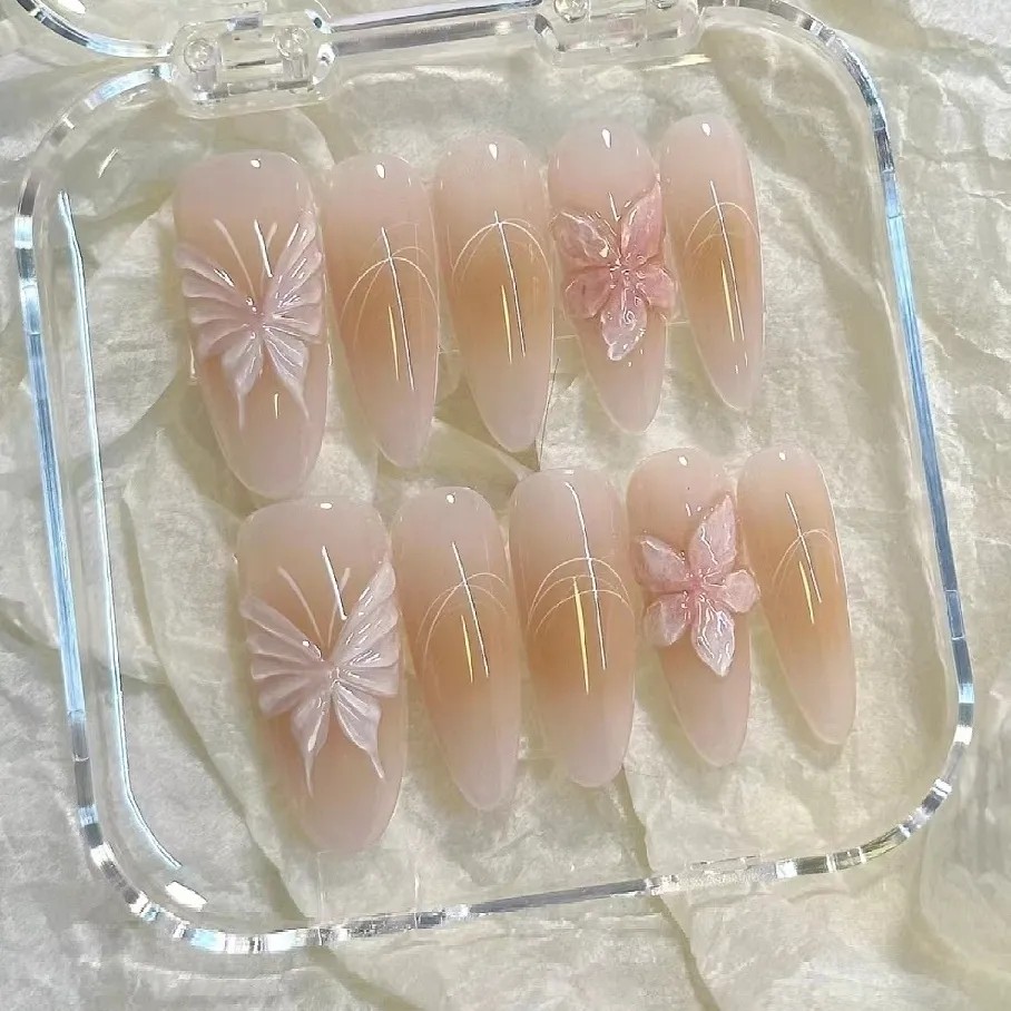 花恋蝶纯手工穿戴甲长款清透晕染原创玻璃冰花美甲甲片贴片