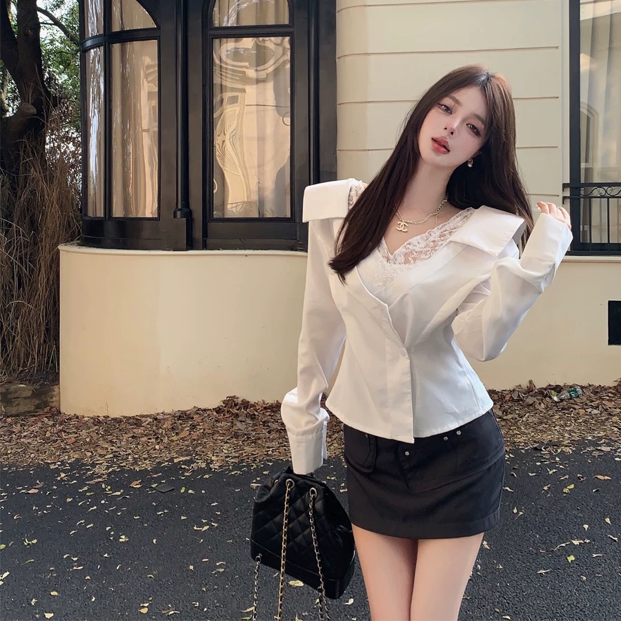 白色衬衫女秋设计感不规则性感纯欲气质上衣