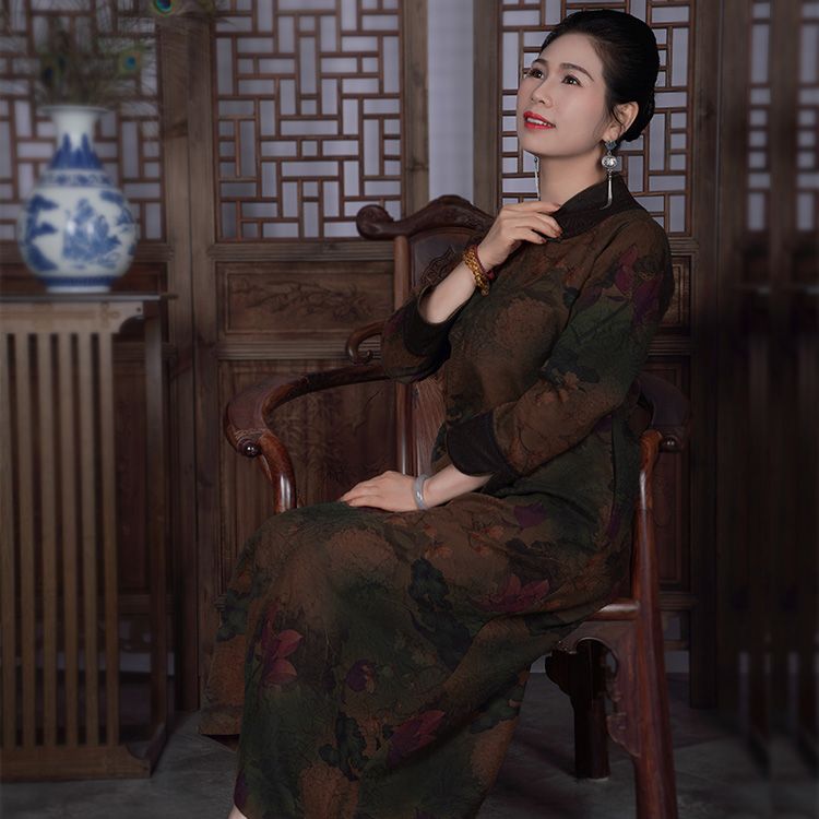 【翠荷】C362128重磅老料香云纱连衣裙复古国风