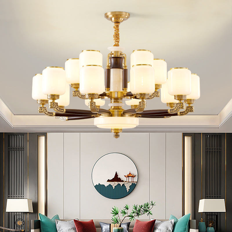 全铜新中式天然玉石客厅吊灯实木复式楼中楼别墅中山灯具客厅灯
