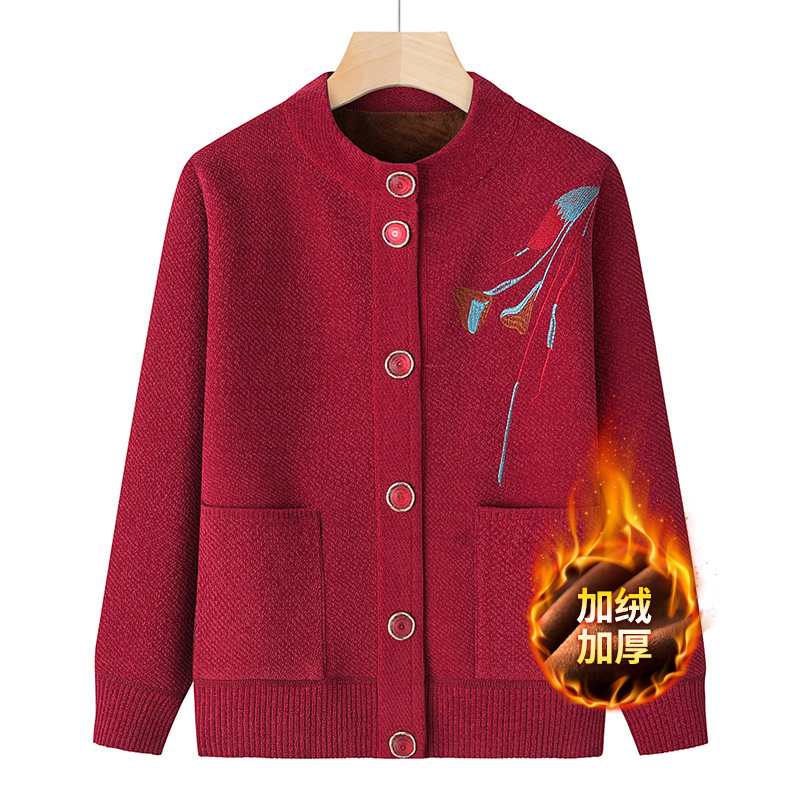 中老年人毛衣女奶奶秋冬外套妈妈加绒加厚开衫老人太太冬季保暖衣