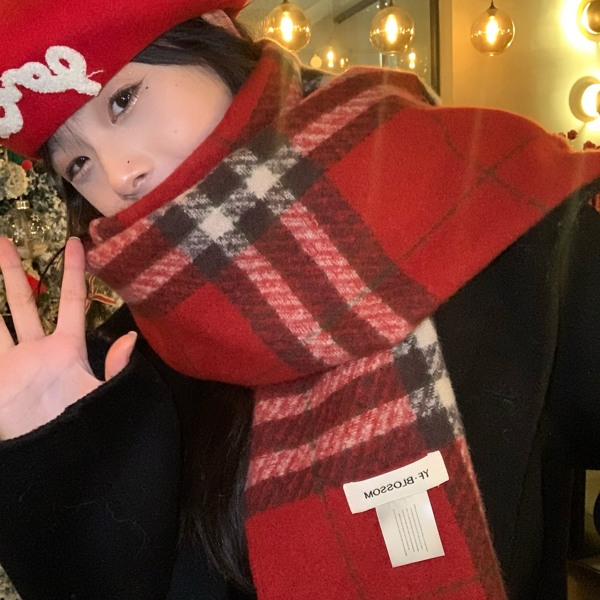 2023新款圣诞新年红格子围巾女秋冬季韩版百搭保暖围脖大版披肩