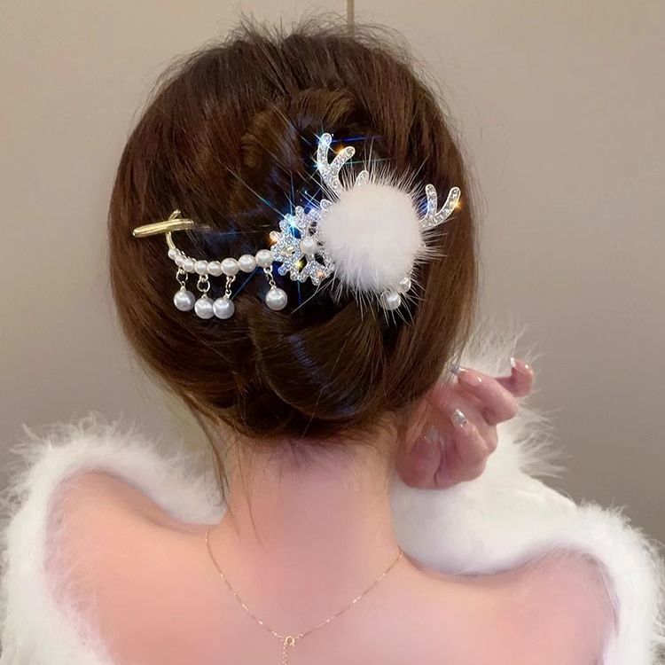 圣诞节毛球鹿角雪花扭扭夹女后脑勺盘发气质抓夹鸭嘴夹一字夹发卡