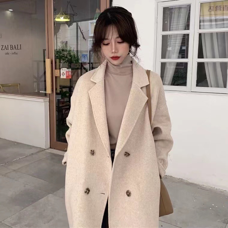 双面羊绒大衣女中长款2021秋冬新款韩版赫本风茧型落肩毛呢外套女