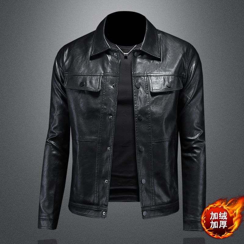 欧货高档皮衣男冬季翻领加绒机车皮夹克2023新款潮流修身轻奢外套