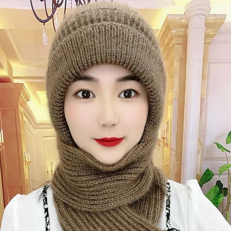 帽子女秋冬季帽子围巾一体加厚加绒风雪帽加绒毛线针织帽围脖一体