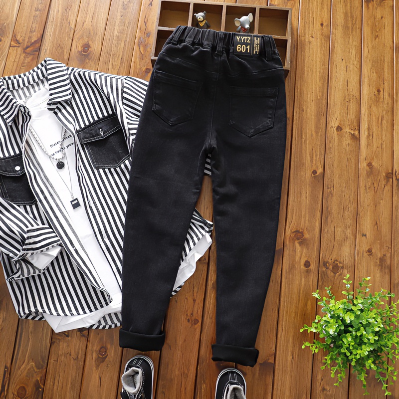 男童瘦版牛仔裤中大童秋冬裤子儿童修身加绒牛仔小脚裤男孩长裤