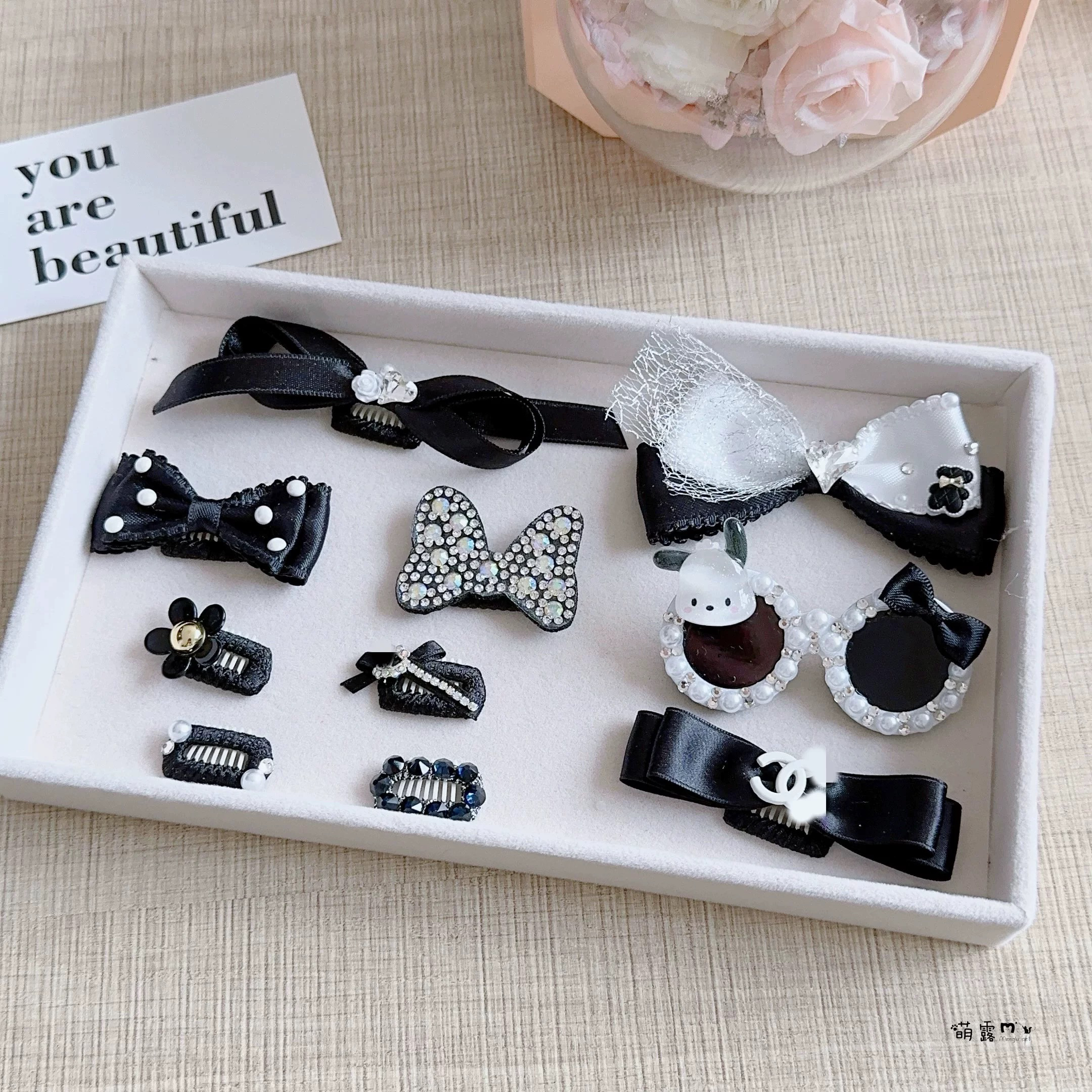 宠物发夹头花黑色系BB夹蝴蝶结饰品马尔济斯约克夏西施比熊夹子