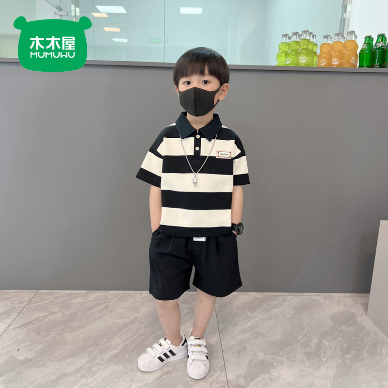 木木屋男童条纹上衣套装中小童韩版休闲POLO夏季男童时尚短裤两件
