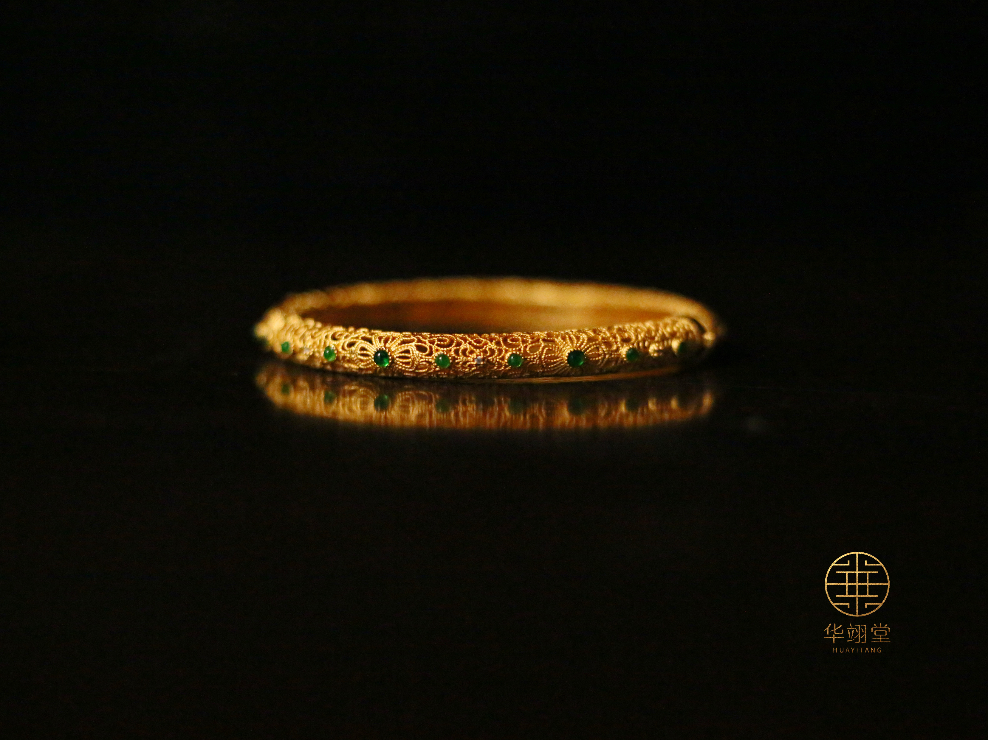 铜合金手镯 华翊堂镀金百搭经典镶嵌宝石镂空仿花丝手镯