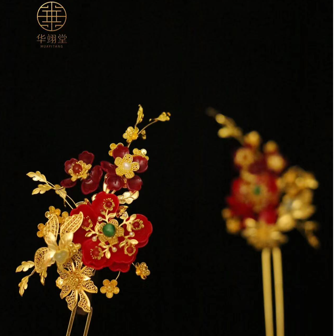 铜合金婚庆饰品 华翊堂原创铜镀金仿花丝镶嵌宝石宋制山茶花长簪