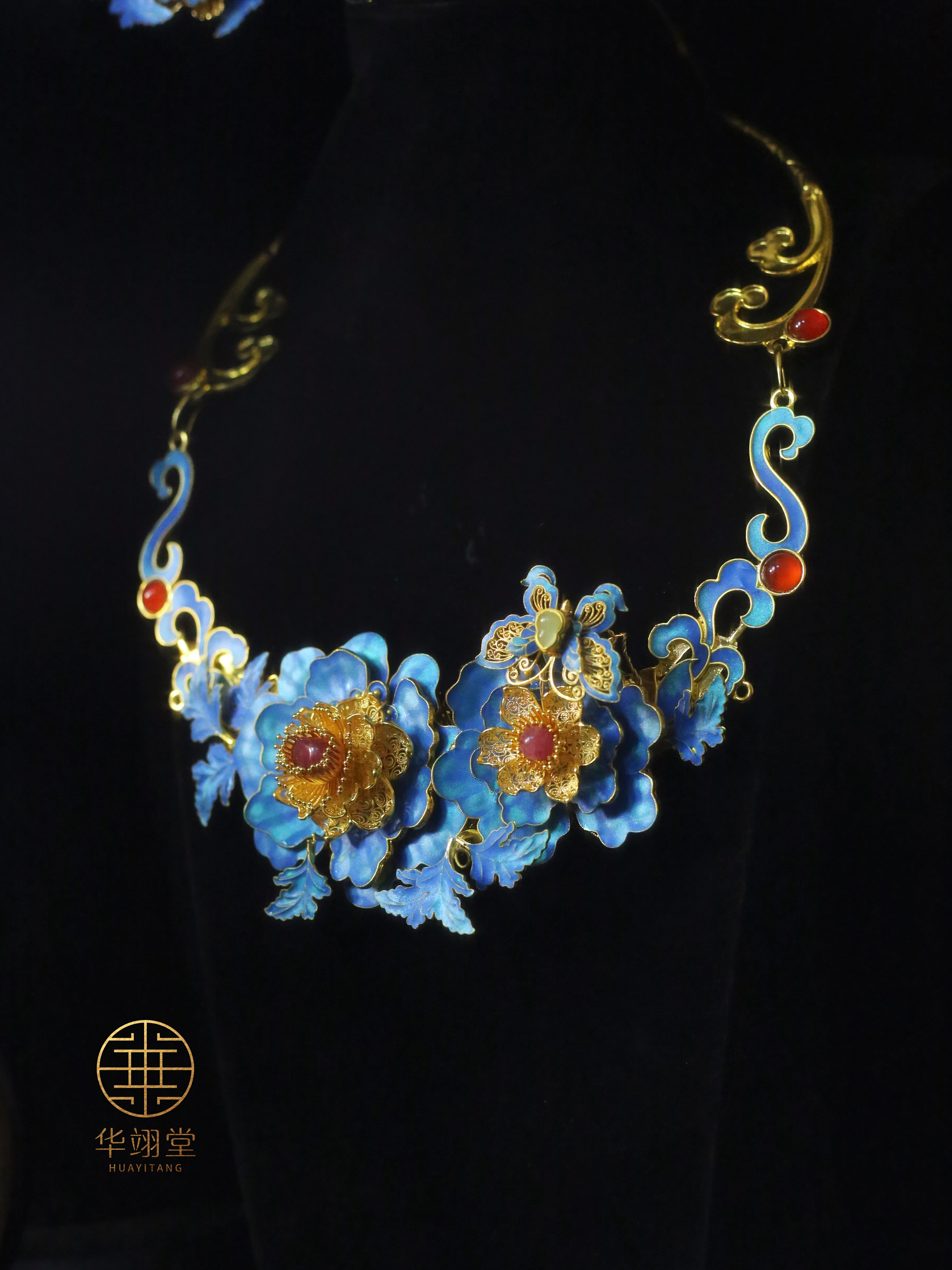 铜合金婚庆饰品 华翊堂原创仿点翠牡丹倾城璎珞项链多用款发饰